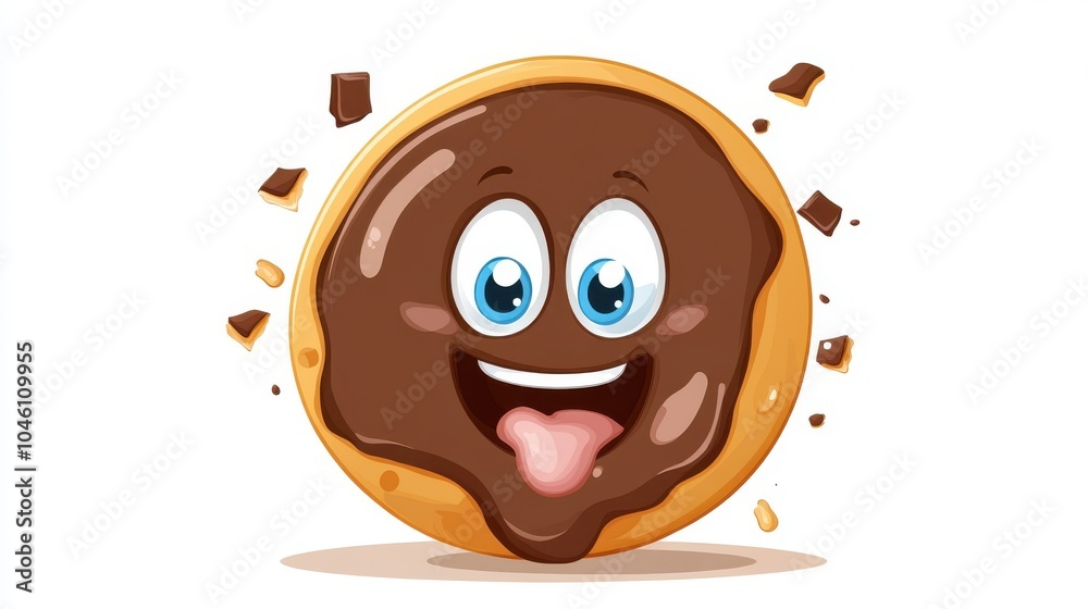 Cartoon donut character with a joyous expression, wearing a thick layer of gooey chocolate icing topped with chocolate chunks scattered around. Delightful and fun. Cartoon donut character with a joyous expression, wearing a thick layer of gooey chocolate icing topped with chocolate chunks scattered around. Delightful and fun.