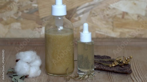 Homemade, natural cosmetics in glass transparent packaging. Glass bottle with a pump and a dropper bottle with a liquid cosmetic. Wooden, beige background with cotton and eucalyptus.