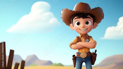 The image showcases a cute cartoon cowboy with a cheerful smile standing in a sunny desert, emphasizing themes of innocence, exploration, and carefree adventure. photo