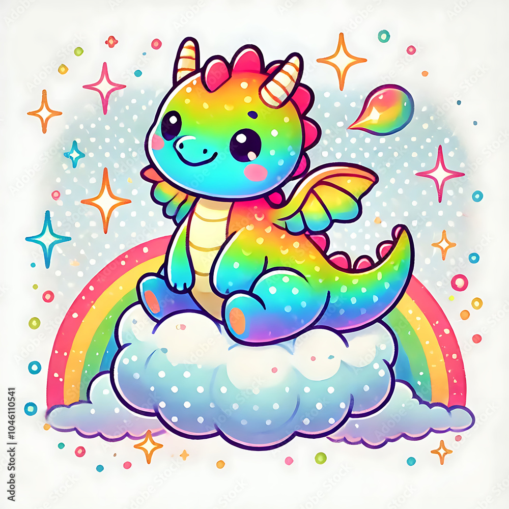 Obraz premium Rainbow Dragon on a Fluffy Cloud, Generative Ai