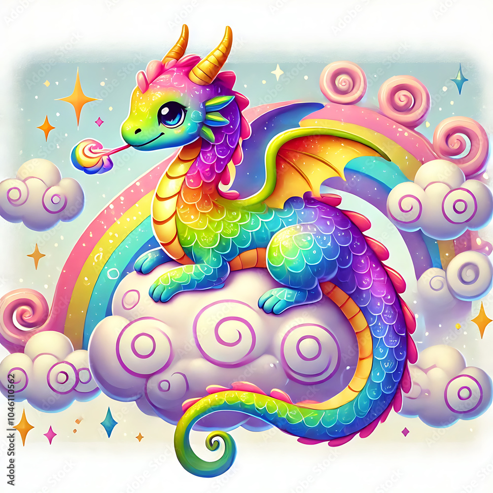 Fototapeta premium Rainbow Dragon Perched on a Fluffy Cloud, Generative Ai