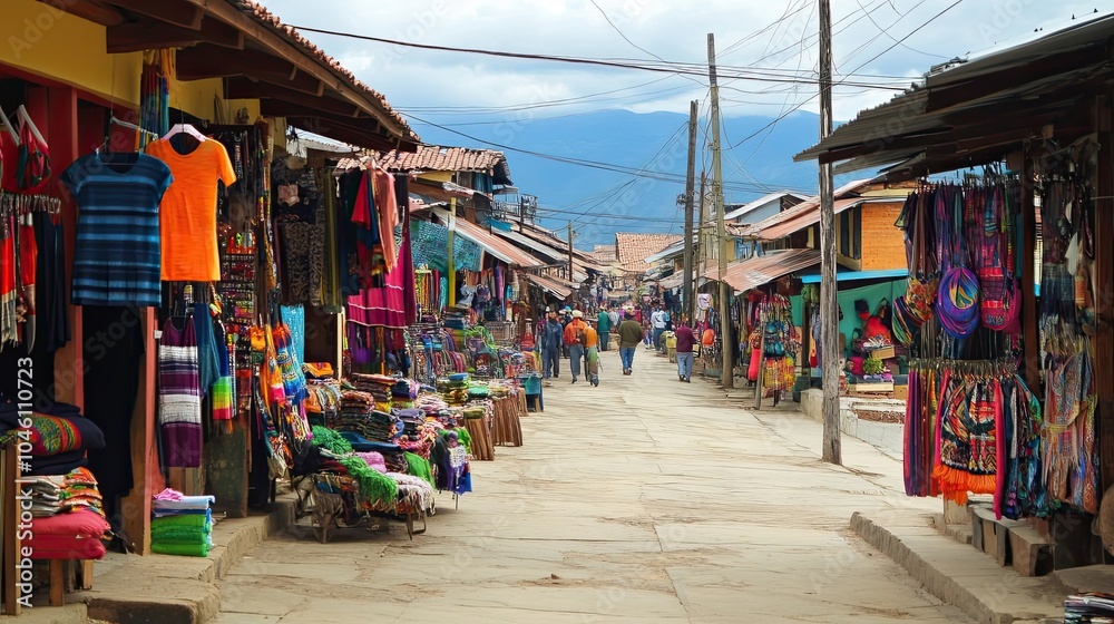Fototapeta premium A Street Market in Guatemala with Colorful Textiles for Sale