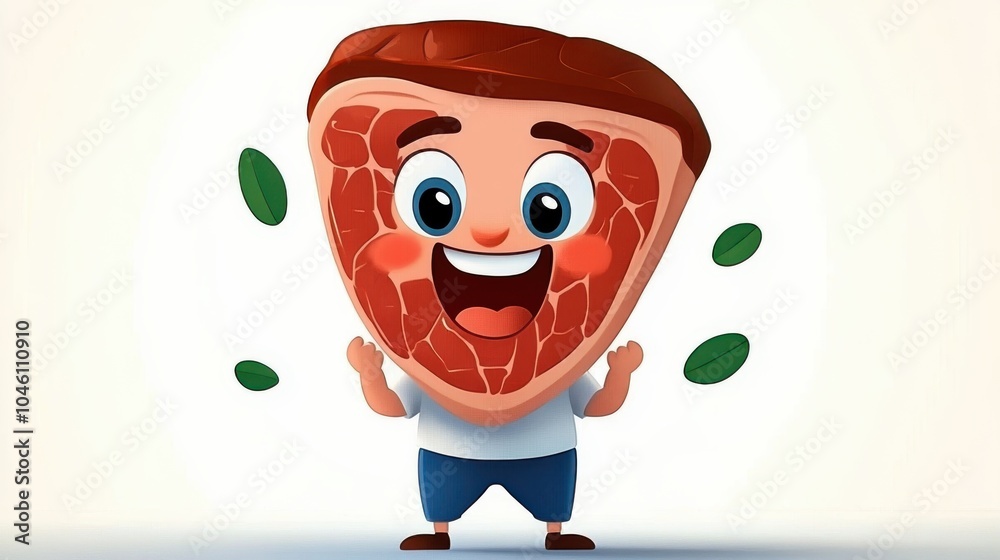 An animated steak character with a smiling face, surrounded by leaves, on a neutral background, combining whimsy with lighthearted fun and creativity. An animated steak character with a smiling face, surrounded by leaves, on a neutral background, combining whimsy with lighthearted fun and creativity.