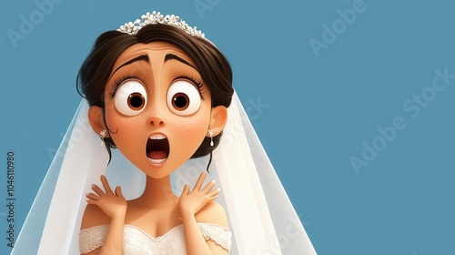 An animated bride character with a wide-eyed surprise look, wearing elegant wedding attire, her charm and pleasant humor set against a soft blue background. photo