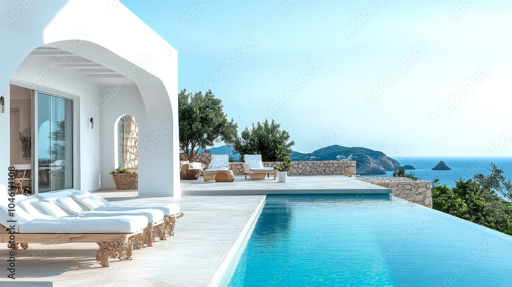 Fototapeta premium Terrace in villa with sunbeds and swimming pool with clear blue water