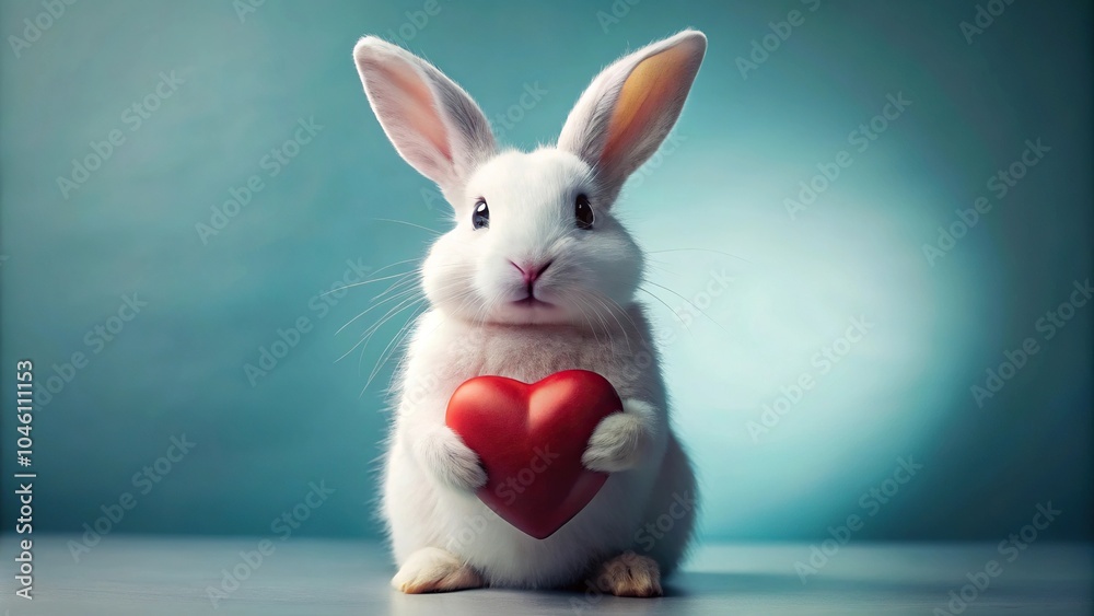 Fototapeta premium Whimsical white bunny holding a loving heart in a low angle shot