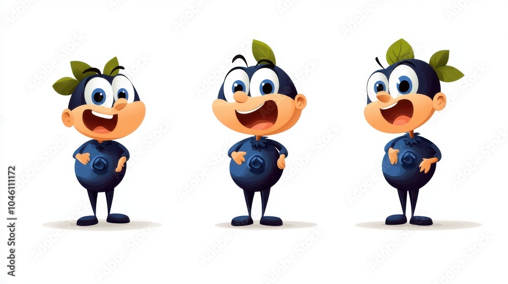 The illustration shows three fun blueberries with expressive faces and leaves on their heads, highlighting their cheerful character and playful nature in a jovial scene. The illustration shows three fun blueberries with expressive faces and leaves on their heads, highlighting their cheerful character and playful nature in a jovial scene.