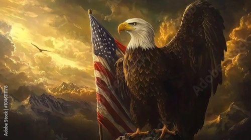 Fourth of July bald eagle holding an American flag