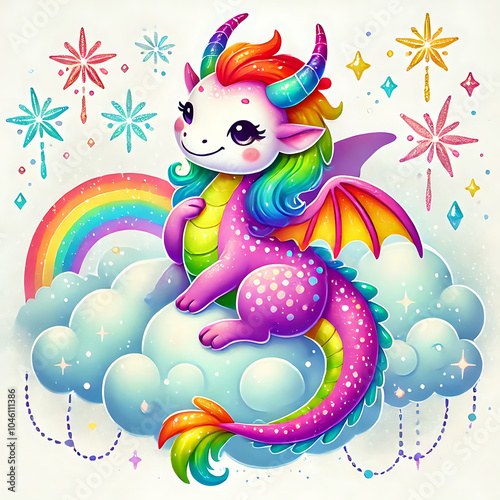 Cute Dragon with Bright Rainbow Horns, Generative Ai