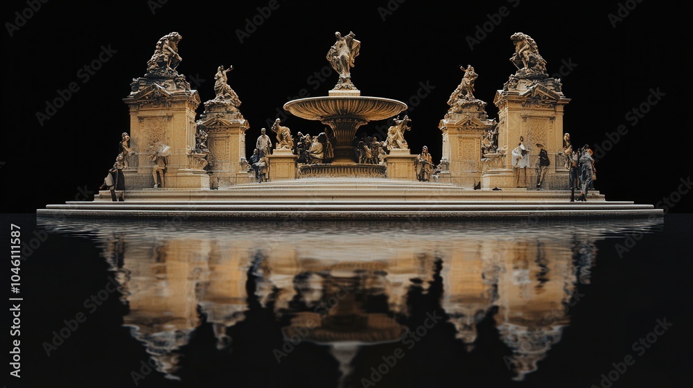 Fototapeta premium Urban Square with Monument and Tranquil Water Reflection