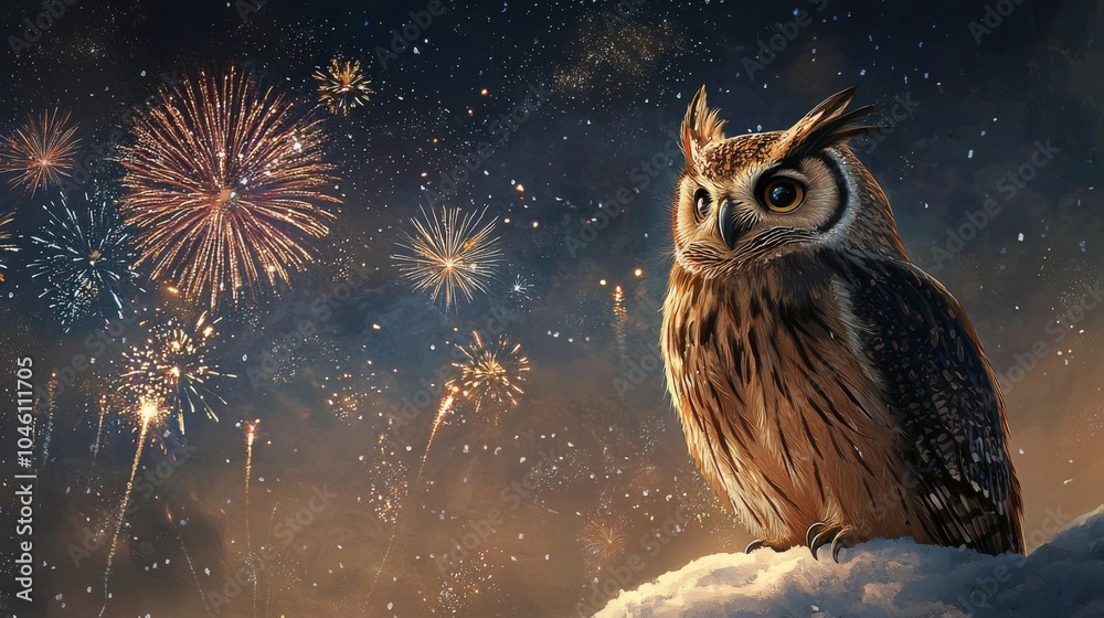 New Year's owl watching fireworks in the sky New Year's owl watching fireworks in the sky