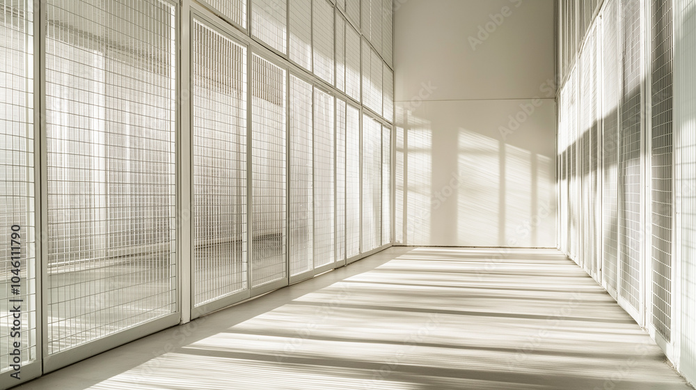Obraz premium Animal shelter concept,This minimalistic corridor features grid-like walls,allowing soft daylight to create delicate shadows on floor,enhancing serene atmosphere,copy space
