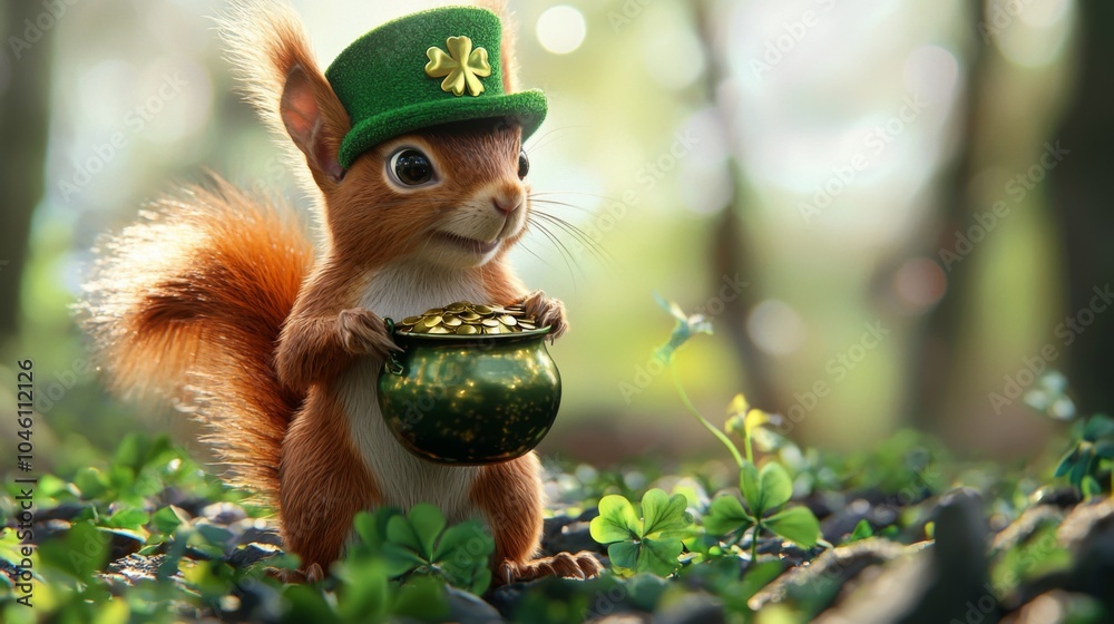St. Patrick's Day leprechaun squirrel with a pot of gold St. Patrick's Day leprechaun squirrel with a pot of gold