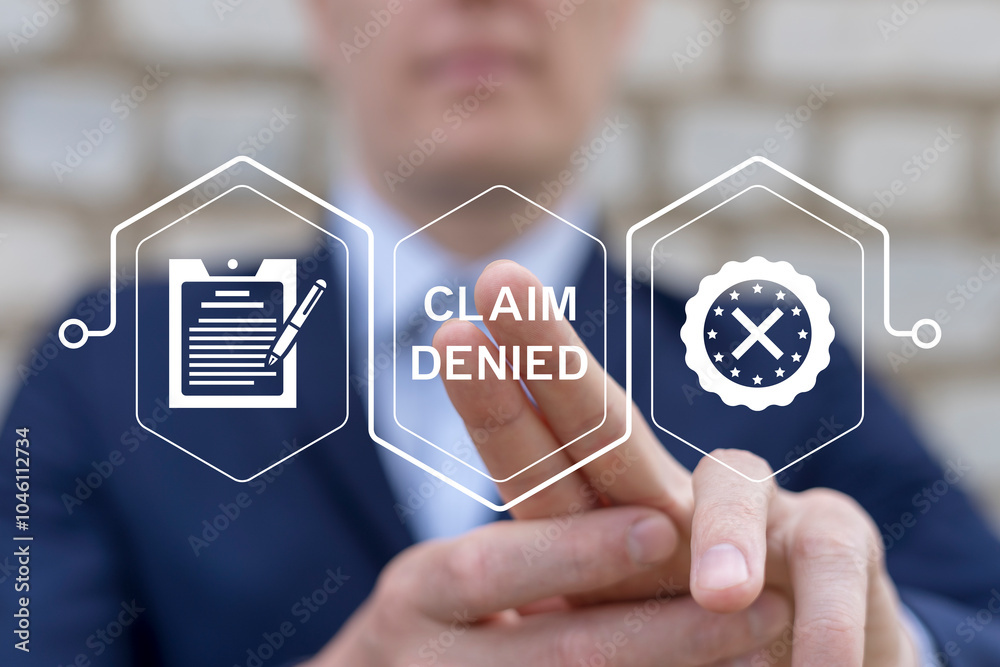 Man using virtual touch screen presses inscription: CLAIM DENIED. Claim Denied Compensation Accepted Management Business Department Concept. Registration claims document.