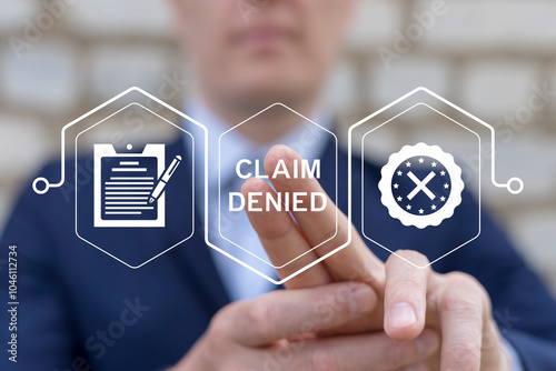 Obraz na płótnie Man using virtual touch screen presses inscription: CLAIM DENIED. Claim Denied Compensation Accepted Management Business Department Concept. Registration claims document. w salonie
