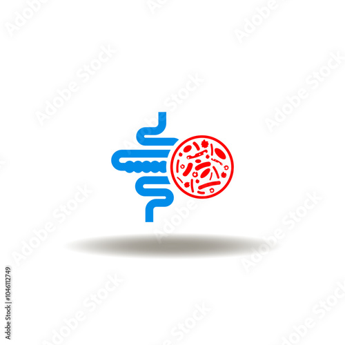 Vector illustration of intestines with microbe virus. Symbol of digestive ulcer. Icon of guts infectious inflammation.