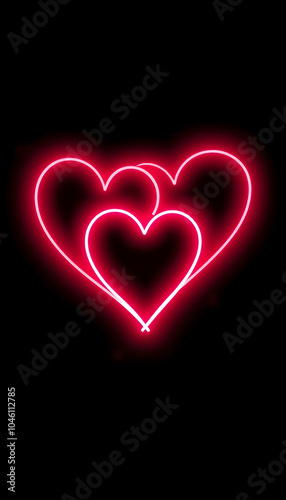 pink red neon light drawing, hearts linked together. Abstract doodles isolated on black background. Glowing single line art. Modern minimal concept. Festive illustration for Valentine day. Copy spac