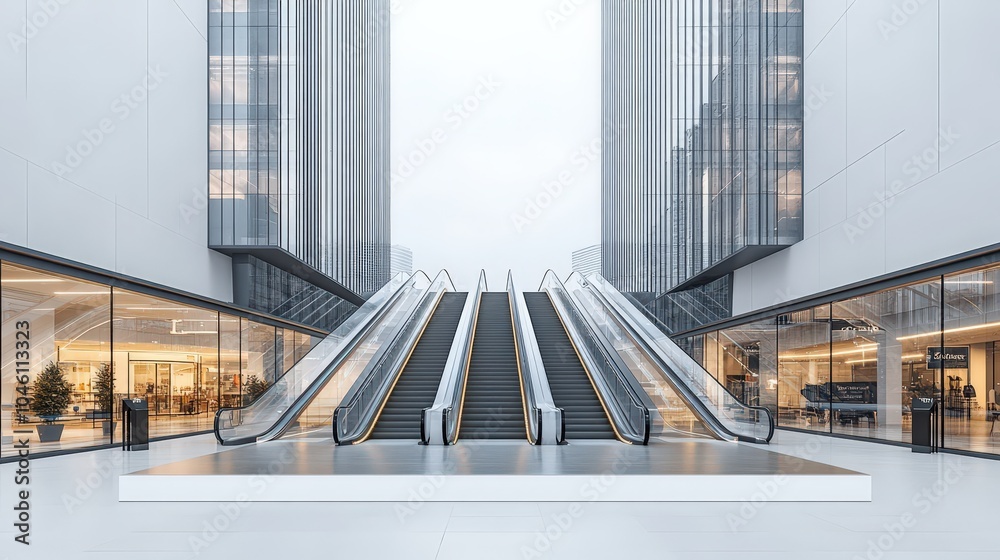 Obraz premium Modern Shopping Mall with Escalators and Glass Windows