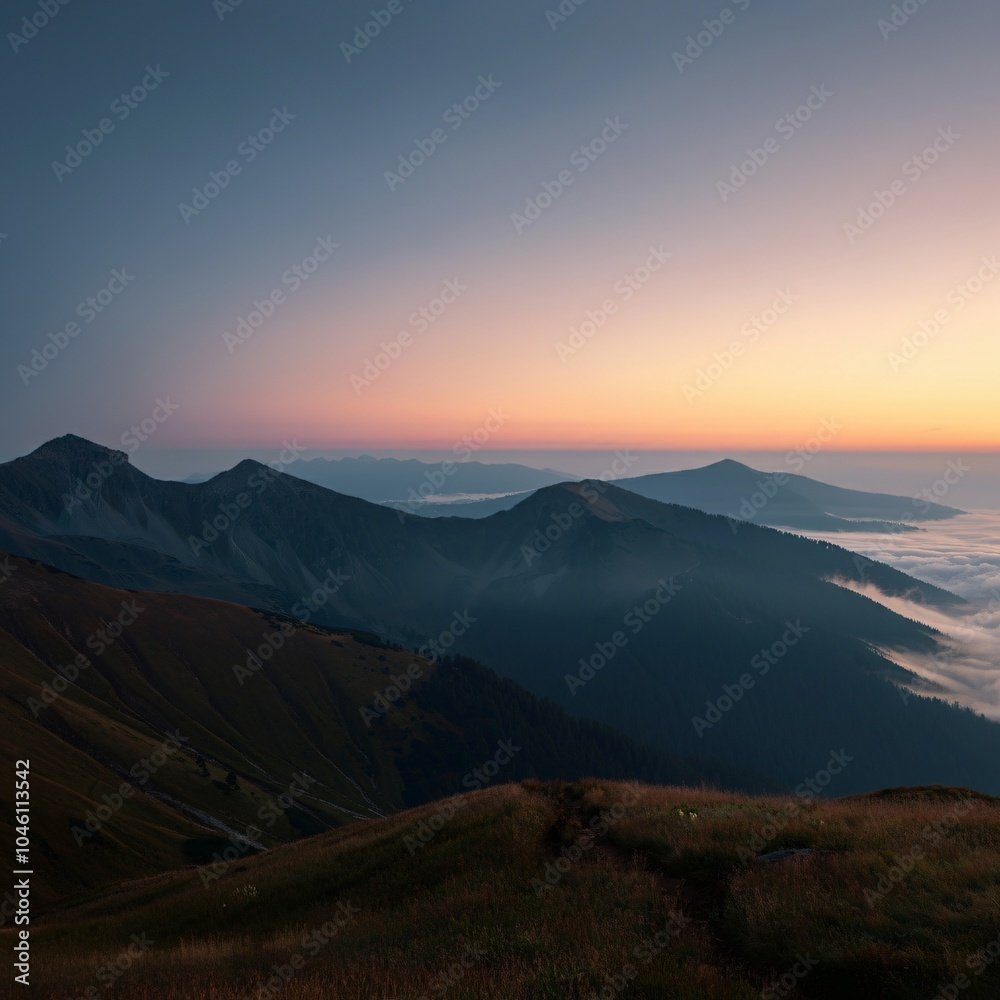 Serene sunrise over a misty mountain range Serene sunrise over a misty mountain range