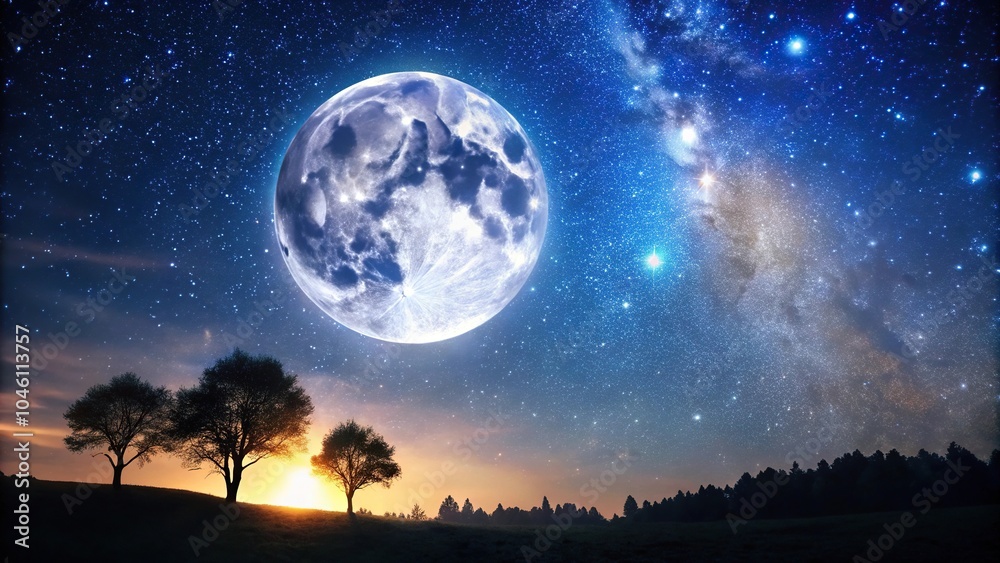 Naklejka premium Starry night sky with a full moon silhouette