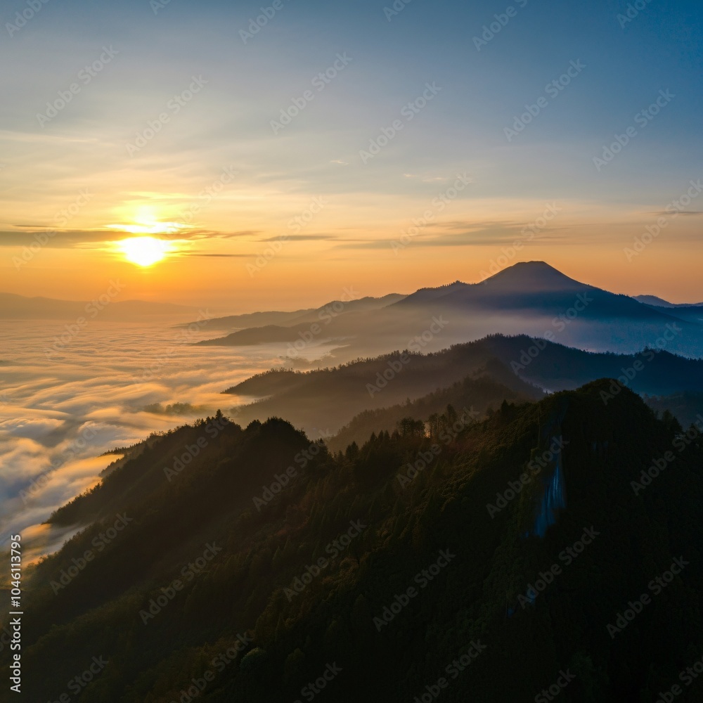 Serene sunrise over a misty mountain range Serene sunrise over a misty mountain range