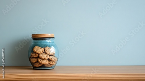 Blue cookie jar filled with assorted biscuits on wooden surface photo