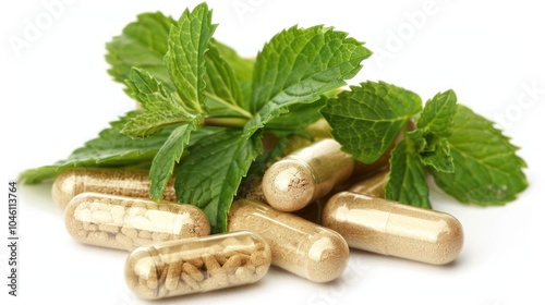 Herbal Supplements and Green Mint Leaves photo