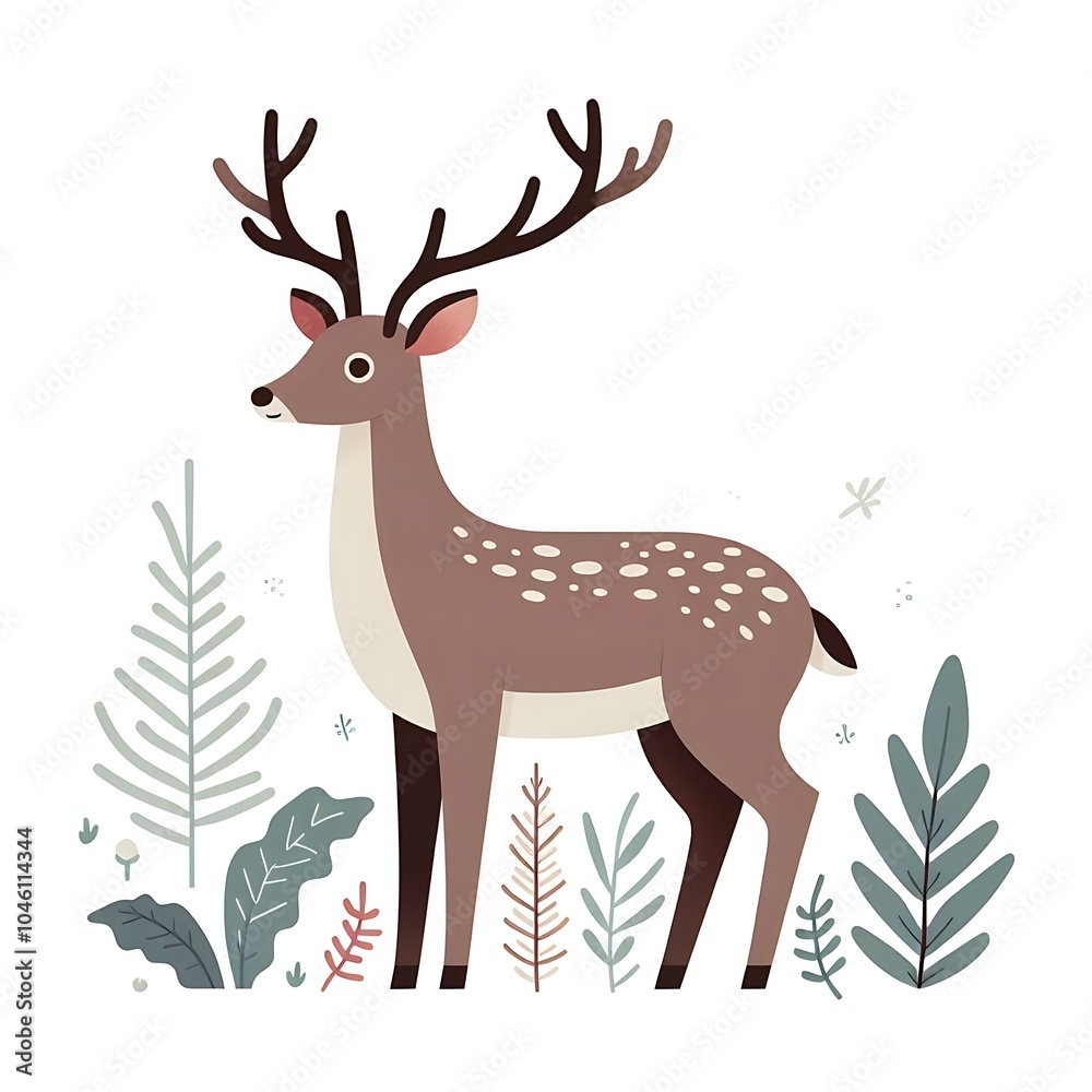 Flat, isolated illustration of a standing reindeer with large antlers. The design features smooth lines, a neutral brown color, and a simple yet elegant profile, evoking holiday themes. Flat, isolated illustration of a standing reindeer with large antlers. The design features smooth lines, a neutral brown color, and a simple yet elegant profile, evoking holiday themes.