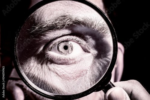 Beautiful detailed macro photography of the eye of a man, woman and children through a magnifying glass as a close or careful focus on the health and optics of vision
 photo