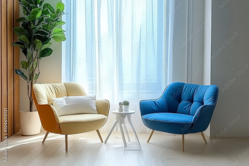 Fototapeta premium Scandinavian style and interior design modern living room with colorful armchairs