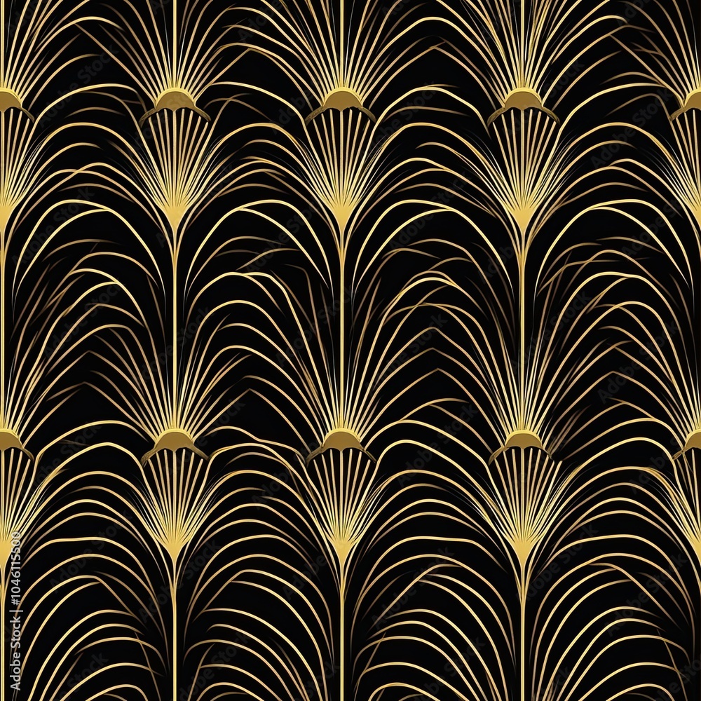 Abstract Art Deco Pattern with Golden Fan-like Shapes on Black Background Abstract Art Deco Pattern with Golden Fan-like Shapes on Black Background