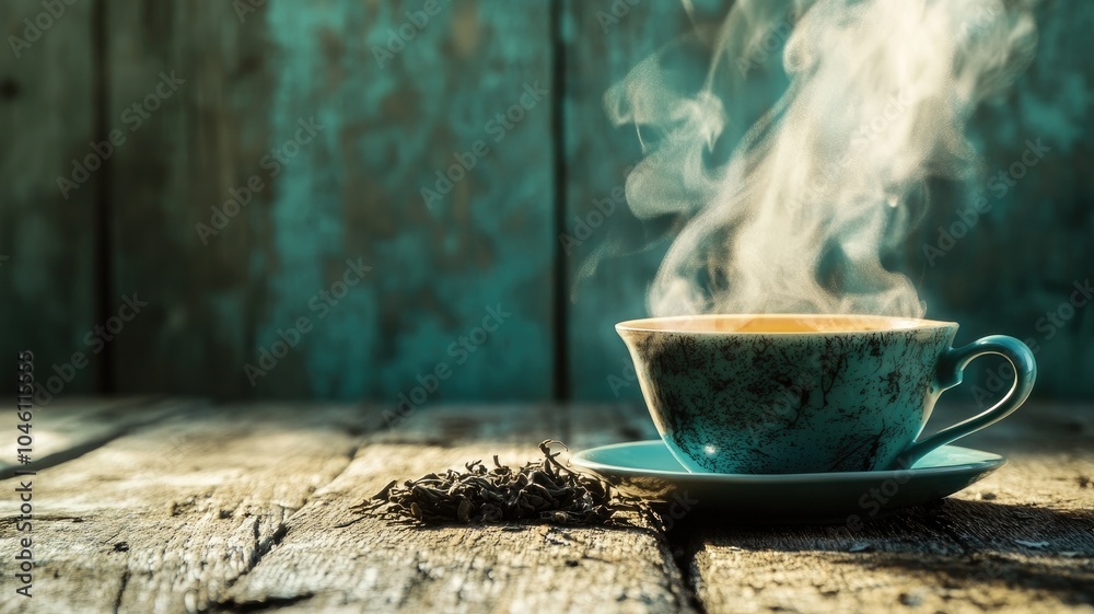 Steaming cup of tea on rustic wooden table Steaming cup of tea on rustic wooden table