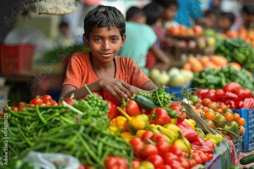 Young Boy Selling Fresh Produce at a Market Stall