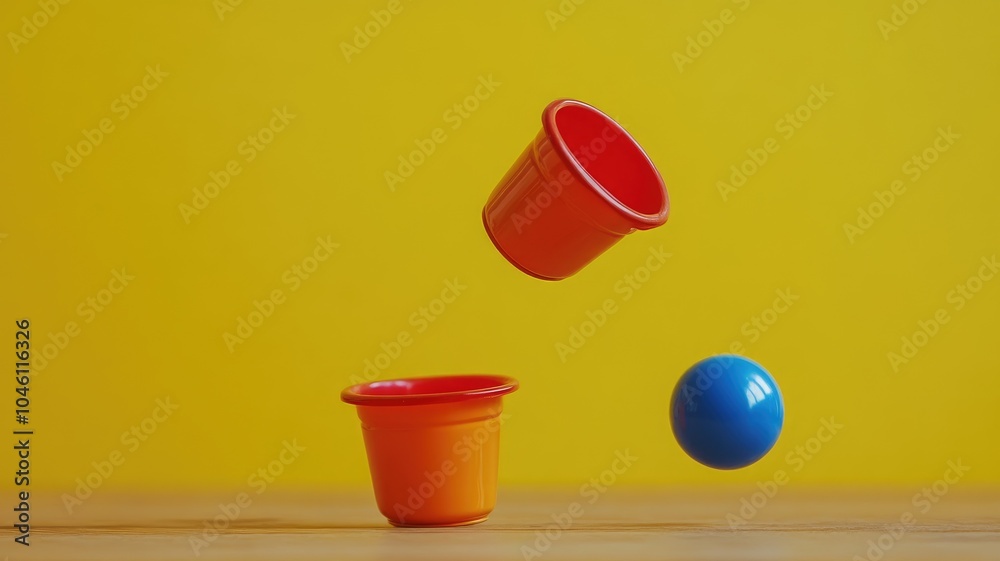 Two small cups and blue ball suspended in motion against yellow background Two small cups and blue ball suspended in motion against yellow background