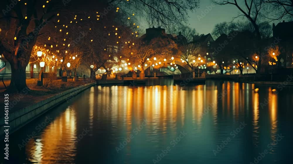 A tranquil evening in the city, illuminated by string lights hanging from trees along the canal A tranquil evening in the city, illuminated by string lights hanging from trees along the canal