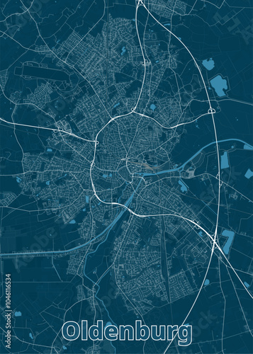 Map of Oldenburg, Germany, rendered in a minimalist style. The map features a deep blue background with white lines representing streets, roads, and waterways.