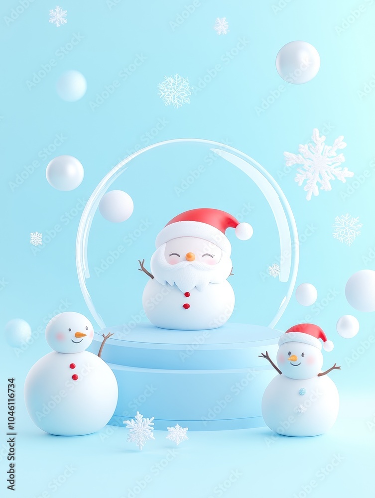 Whimsical winter wonderland cheerful snowmen and a joyful santa in a magical snow globe setting for the holiday season Whimsical winter wonderland cheerful snowmen and a joyful santa in a magical snow globe setting for the holiday season