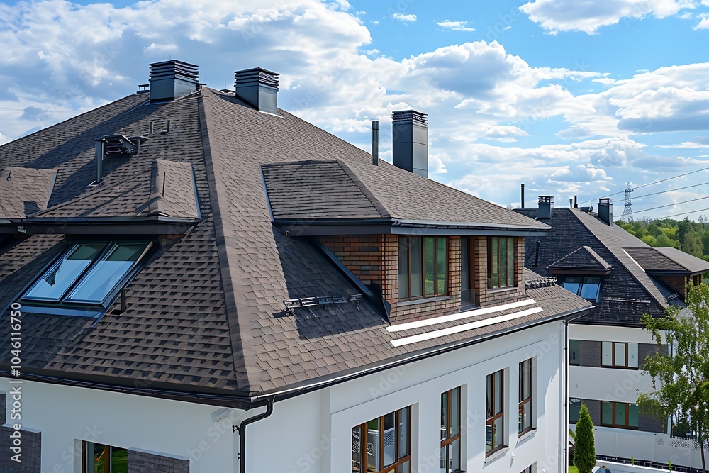 House with a roof from a bituminous tile. Bituminous tile for a roof House with a roof from a bituminous tile. Bituminous tile for a roof