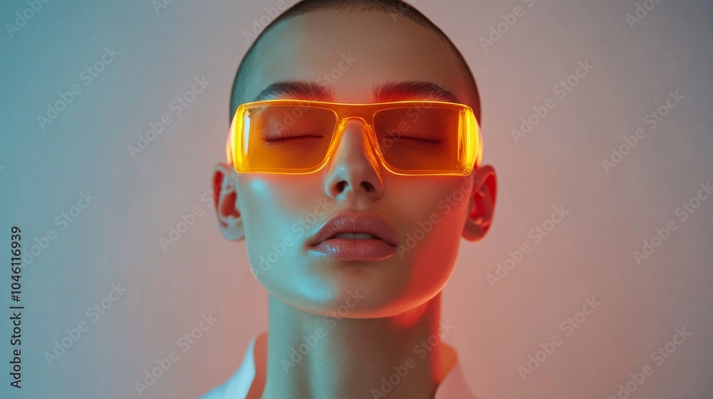 Portrait of a woman in glowing orange sunglasses Portrait of a woman in glowing orange sunglasses