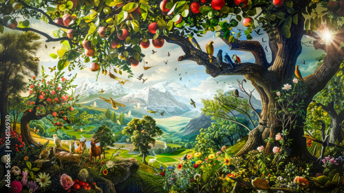 Illustration of paradise garden of Eden, happy eternal life photo