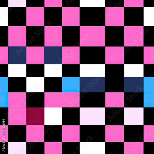 Checkerboard Pattern with Pink, Black, White, Blue, and Burgundy Squares photo