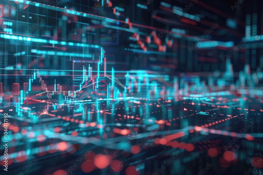 AI-driven stock market analysis on a holographic interface, showcasing advanced financial tools and dynamic charts AI-driven stock market analysis on a holographic interface, showcasing advanced financial tools and dynamic charts