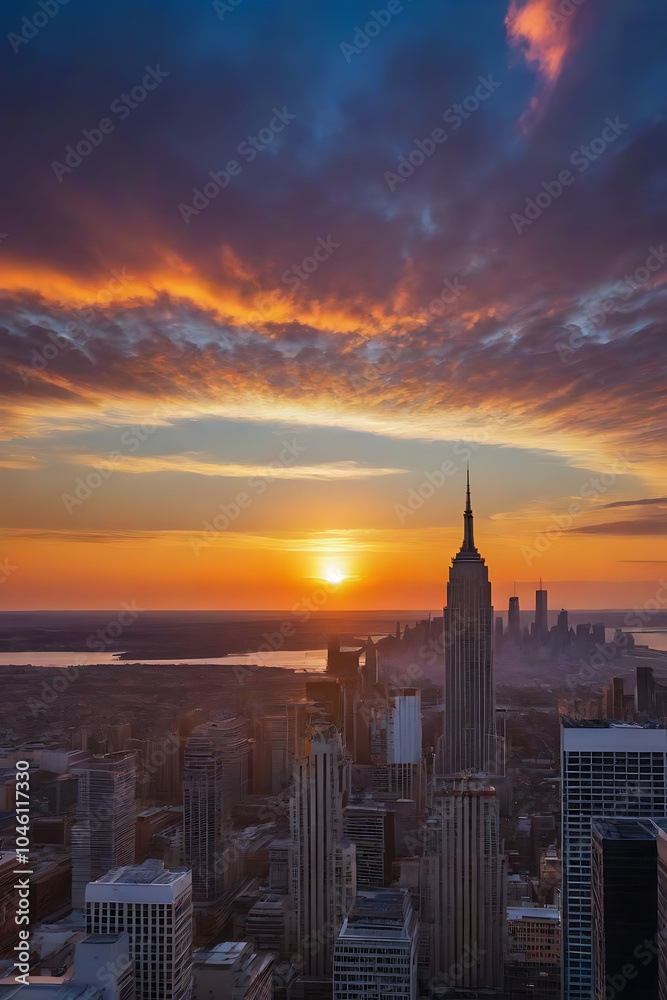 Obraz premium At sunset in the city center, sunset and night sky, the view of the city where the sun sets, the brilliant sunset, the beautiful sunset, the brilliant sunset, 도시의 석양, 일몰, 都会の夕日、日没です