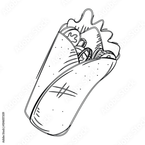 Hand-drawn burrito with filling wrapped in tortilla Vector