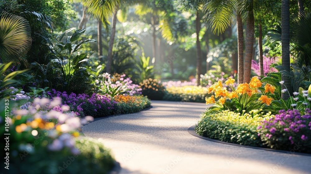 Obraz premium Serene Pathway in a Manicured Garden Setting
