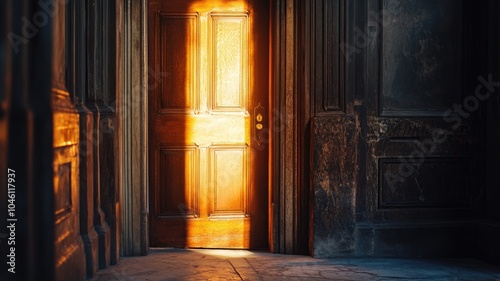 Warm sunbeam streaming through partially open wooden door in dimly lit vintage room