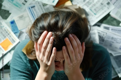 An anxious person holding their head in their hands while surrounded by overdue bills, highlighting the emotional toll of financial crisis and debt issues