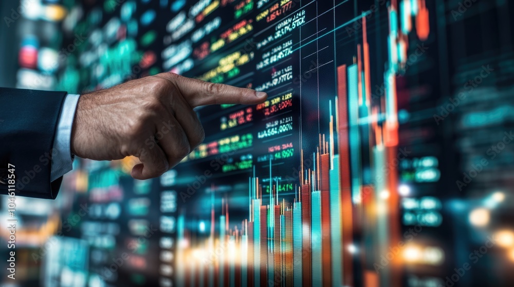 Very realistic photo of a businessman pointing at a growing bar graph with stock market figures displayed in the background Highlighting business success and financial growth Styled like a high-end Very realistic photo of a businessman pointing at a growing bar graph with stock market figures displayed in the background Highlighting business success and financial growth Styled like a high-end