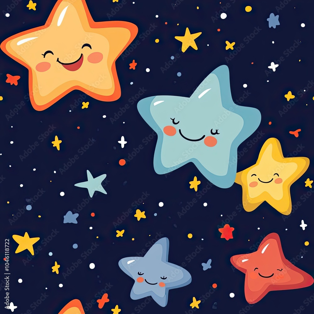Fototapeta premium A whimsical night sky with smiling cartoon stars