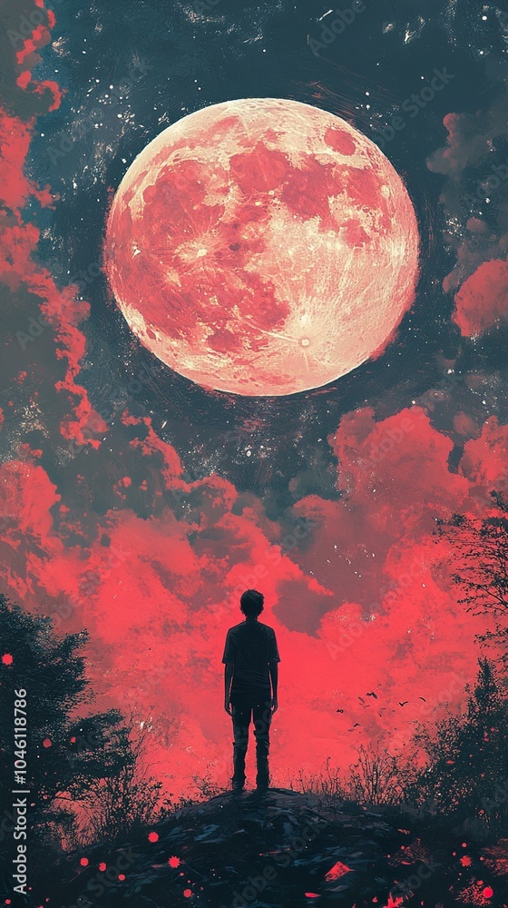 Red Moon and Lone Figure in a Dreamy Landscape Red Moon and Lone Figure in a Dreamy Landscape